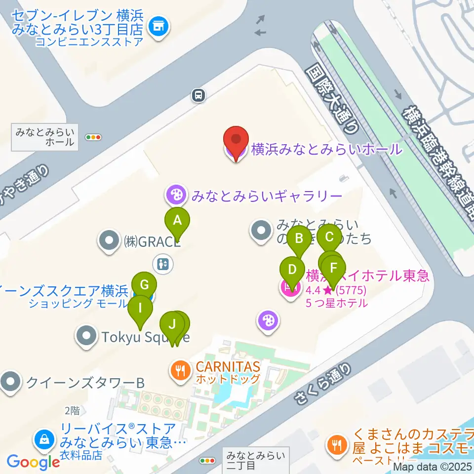 横浜みなとみらいホール周辺のファミレス・ファーストフード一覧地図