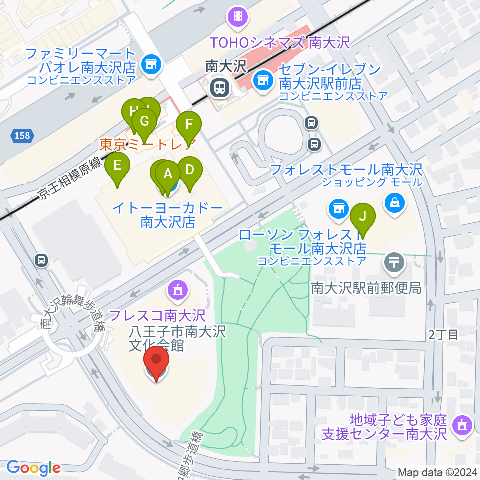 八王子市南大沢文化会館周辺のファミレス・ファーストフード一覧地図