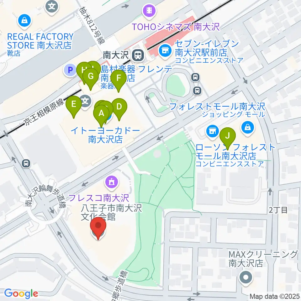 八王子市南大沢文化会館周辺のファミレス・ファーストフード一覧地図