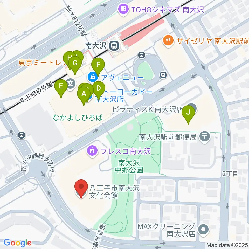 八王子市南大沢文化会館周辺のファミレス・ファーストフード一覧地図