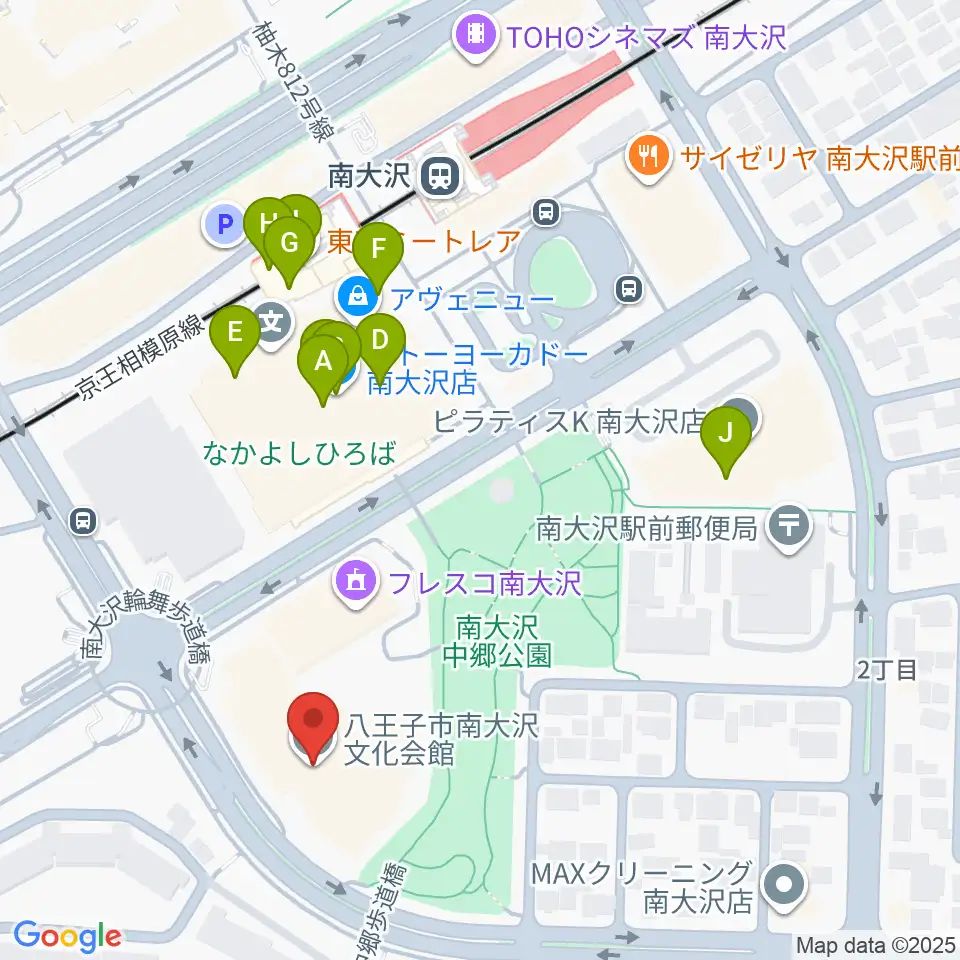 八王子市南大沢文化会館周辺のファミレス・ファーストフード一覧地図