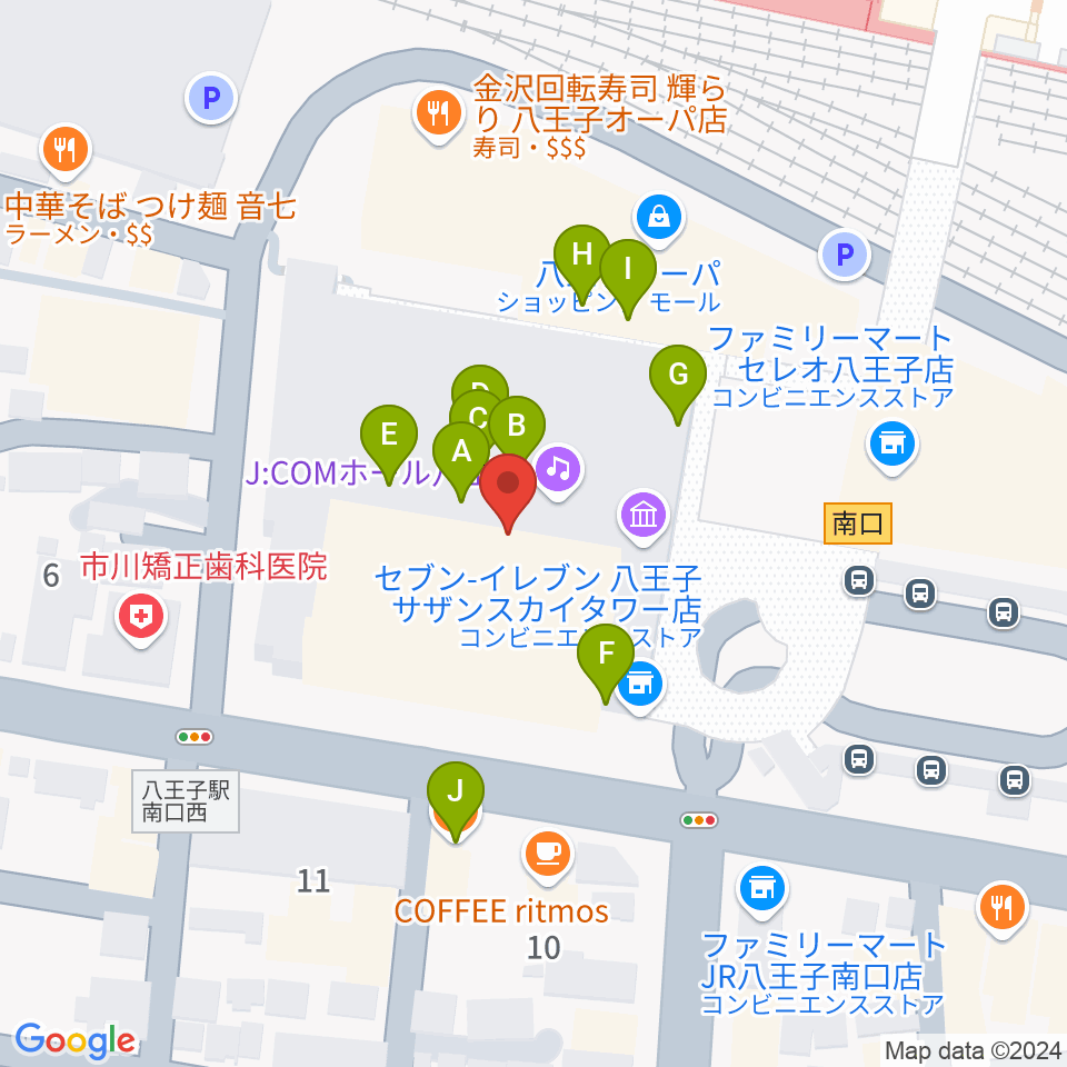 J:COMホール八王子周辺のファミレス・ファーストフード一覧地図