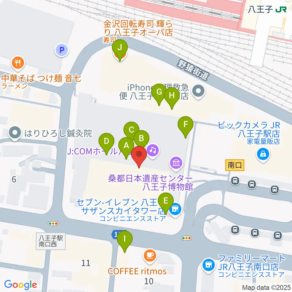 J:COMホール八王子周辺のファミレス・ファーストフード一覧地図
