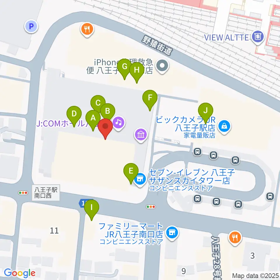 J:COMホール八王子周辺のファミレス・ファーストフード一覧地図