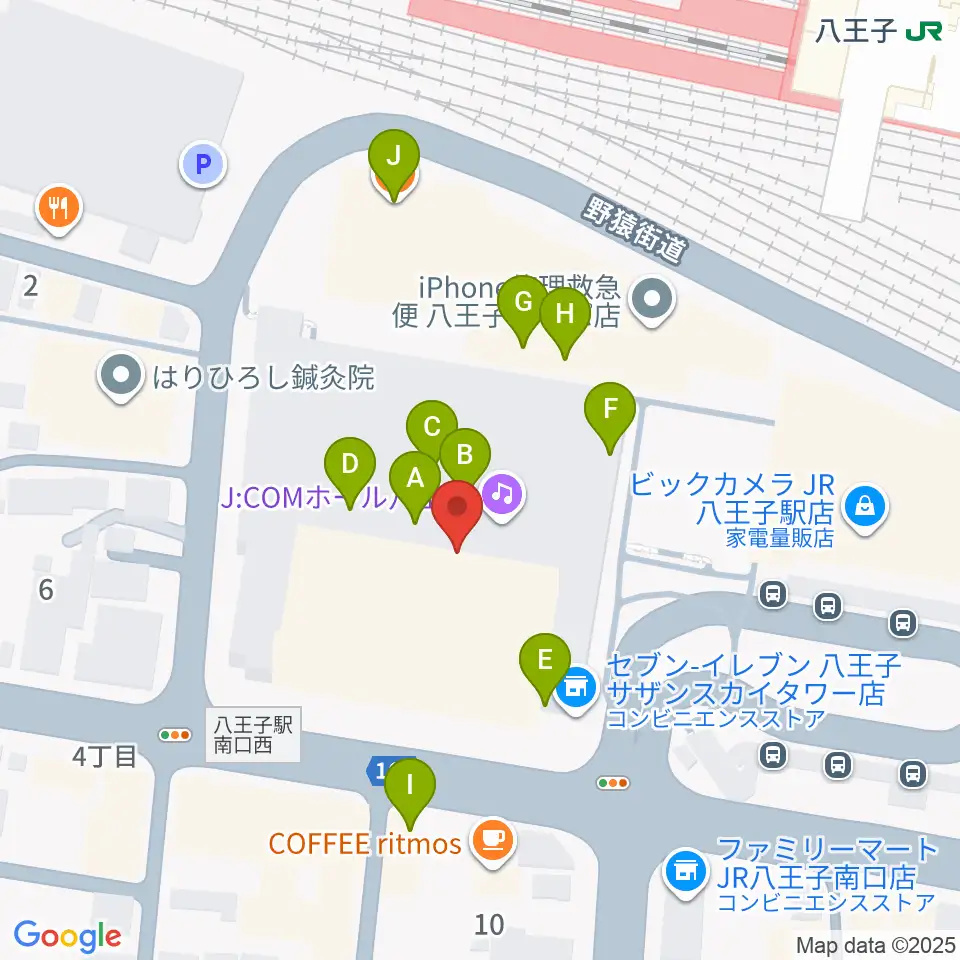 J:COMホール八王子周辺のファミレス・ファーストフード一覧地図