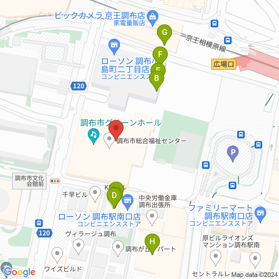 調布市グリーンホール周辺のファミレス・ファーストフード一覧地図