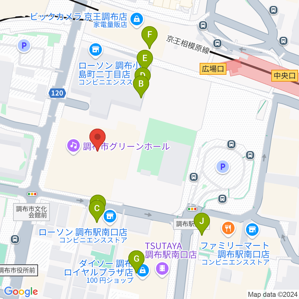 調布市グリーンホール周辺のファミレス・ファーストフード一覧地図