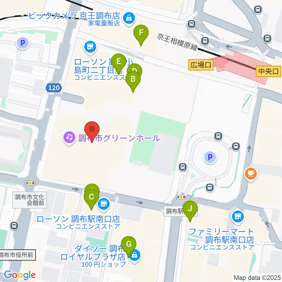 調布市グリーンホール周辺のファミレス・ファーストフード一覧地図