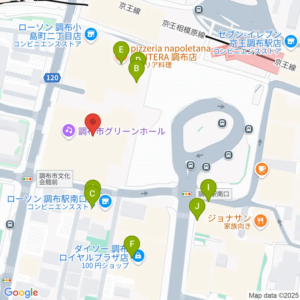 調布市グリーンホール周辺のファミレス・ファーストフード一覧地図