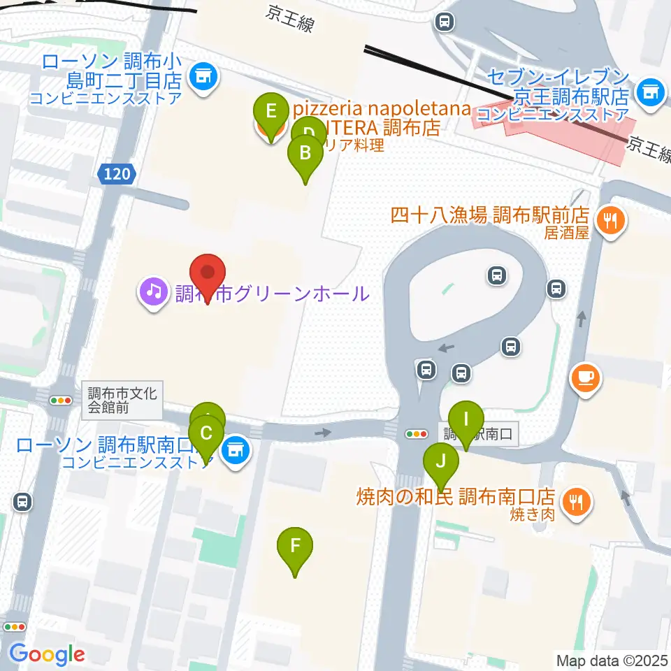 調布市グリーンホール周辺のファミレス・ファーストフード一覧地図