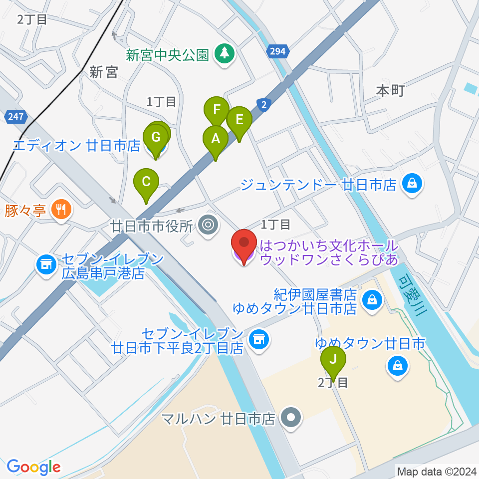 ウッドワンさくらぴあ周辺のファミレス・ファーストフード一覧地図