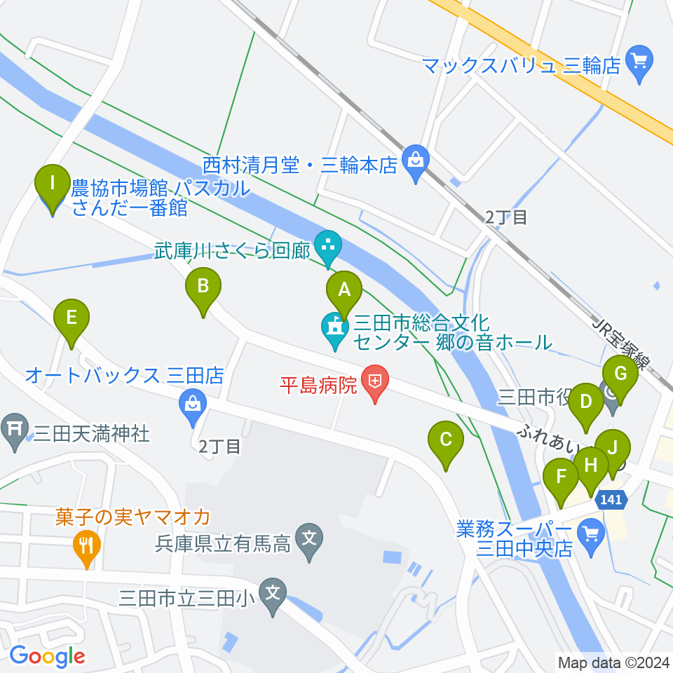 郷の音ホール周辺のファミレス・ファーストフード一覧地図