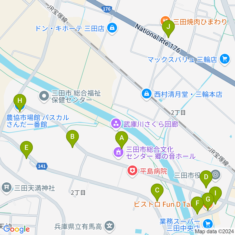 郷の音ホール周辺のファミレス・ファーストフード一覧地図