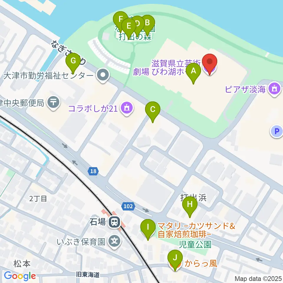 滋賀県立芸術劇場びわ湖ホール周辺のファミレス・ファーストフード一覧地図