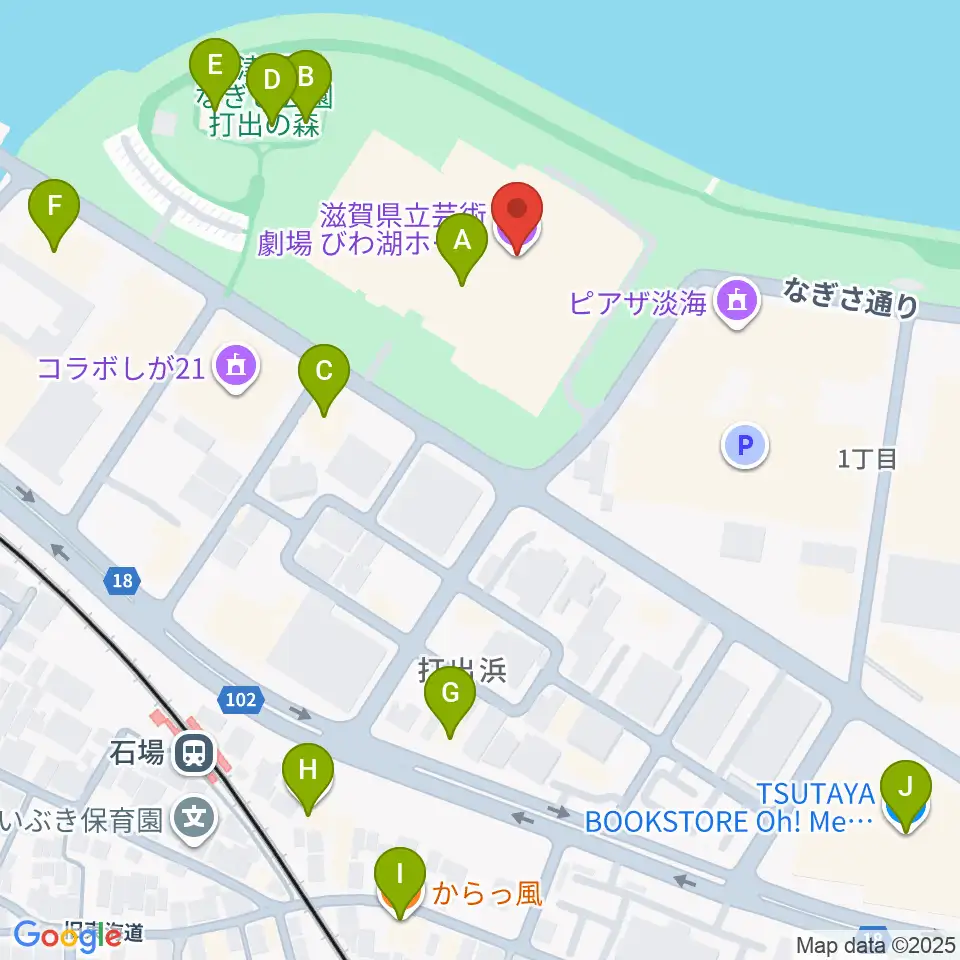 滋賀県立芸術劇場びわ湖ホール周辺のファミレス・ファーストフード一覧地図