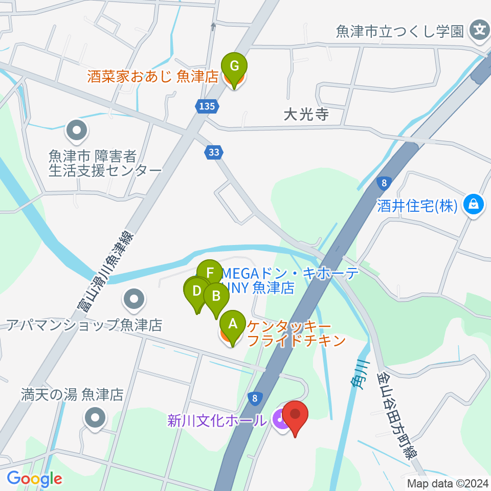 新川文化ホール ミラージュホール周辺のファミレス・ファーストフード一覧地図