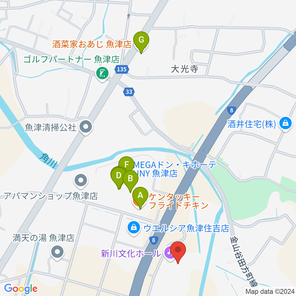 新川文化ホール ミラージュホール周辺のファミレス・ファーストフード一覧地図