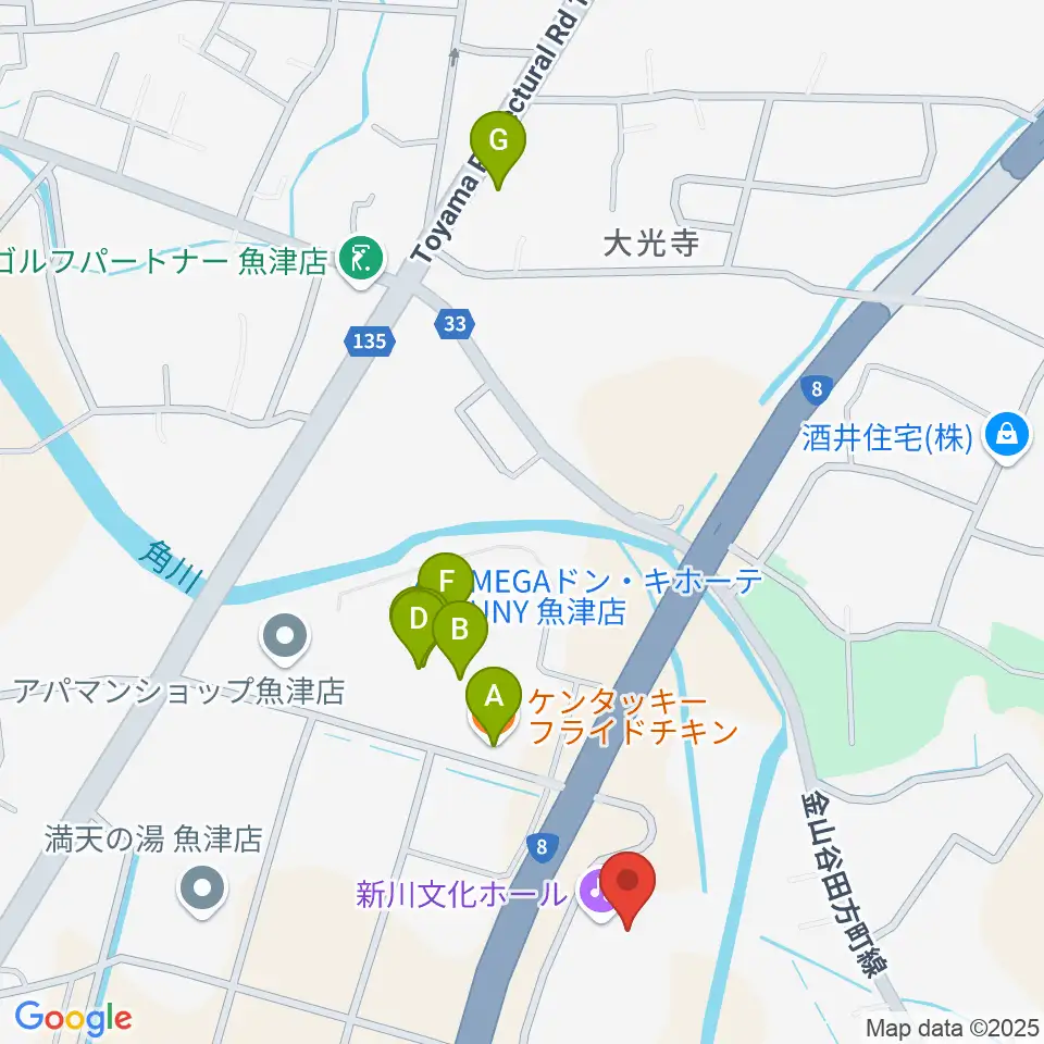 新川文化ホール ミラージュホール周辺のファミレス・ファーストフード一覧地図