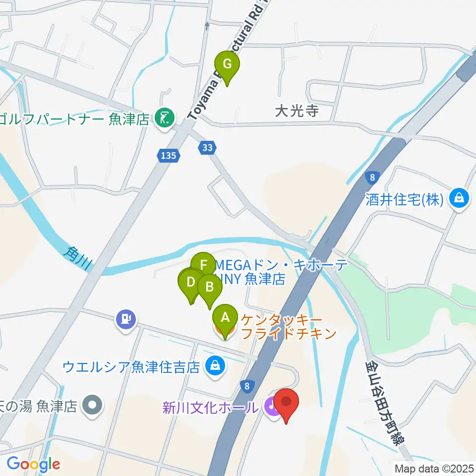 新川文化ホール ミラージュホール周辺のファミレス・ファーストフード一覧地図