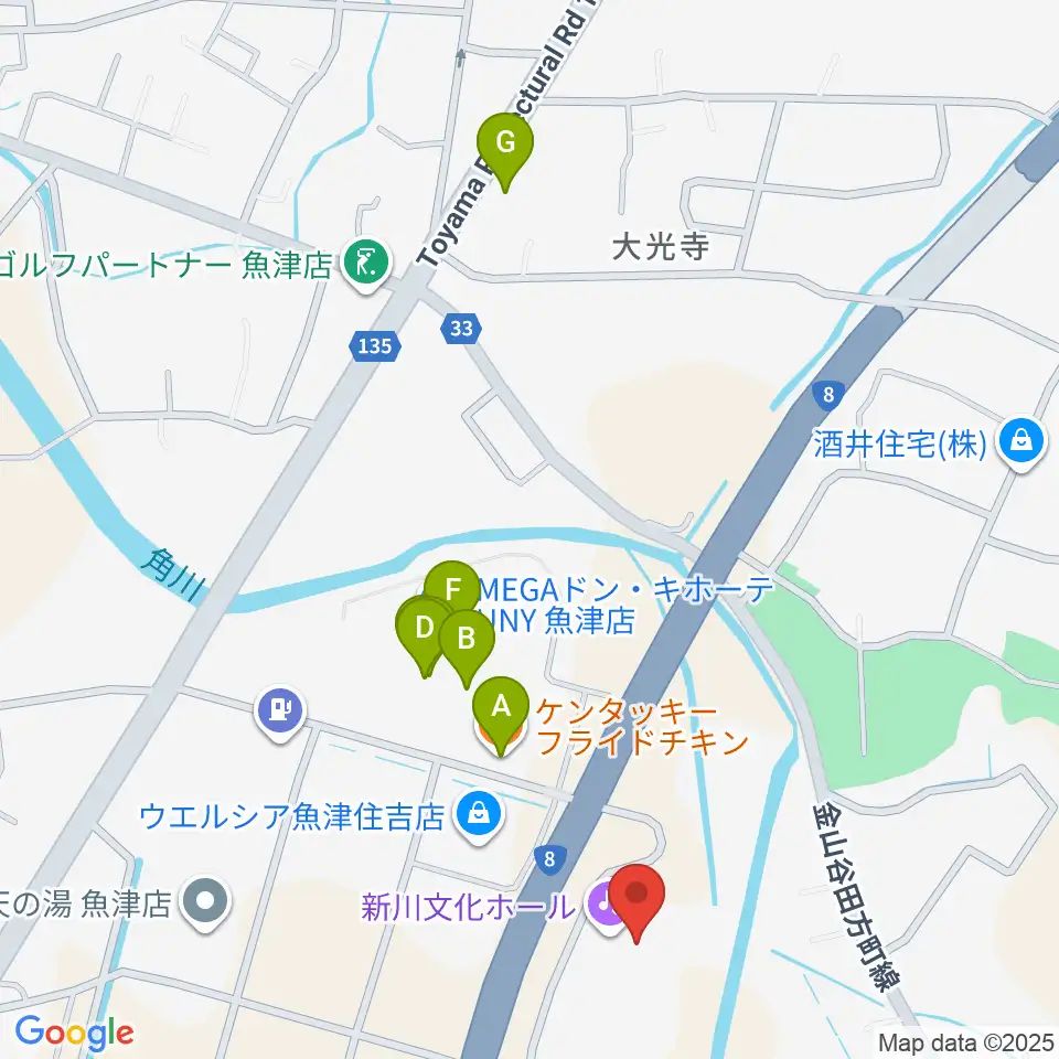 新川文化ホール ミラージュホール周辺のファミレス・ファーストフード一覧地図