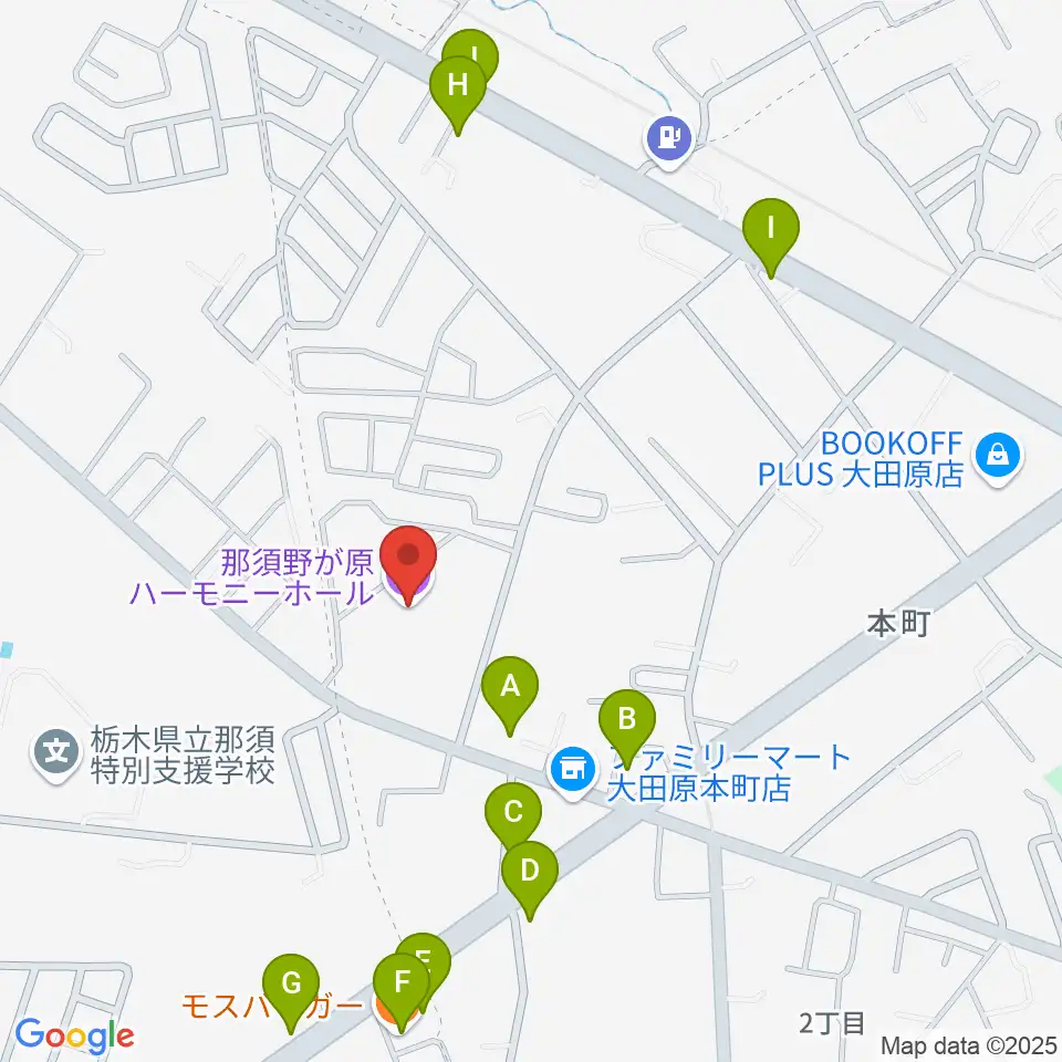 那須野が原ハーモニーホール周辺のファミレス・ファーストフード一覧地図
