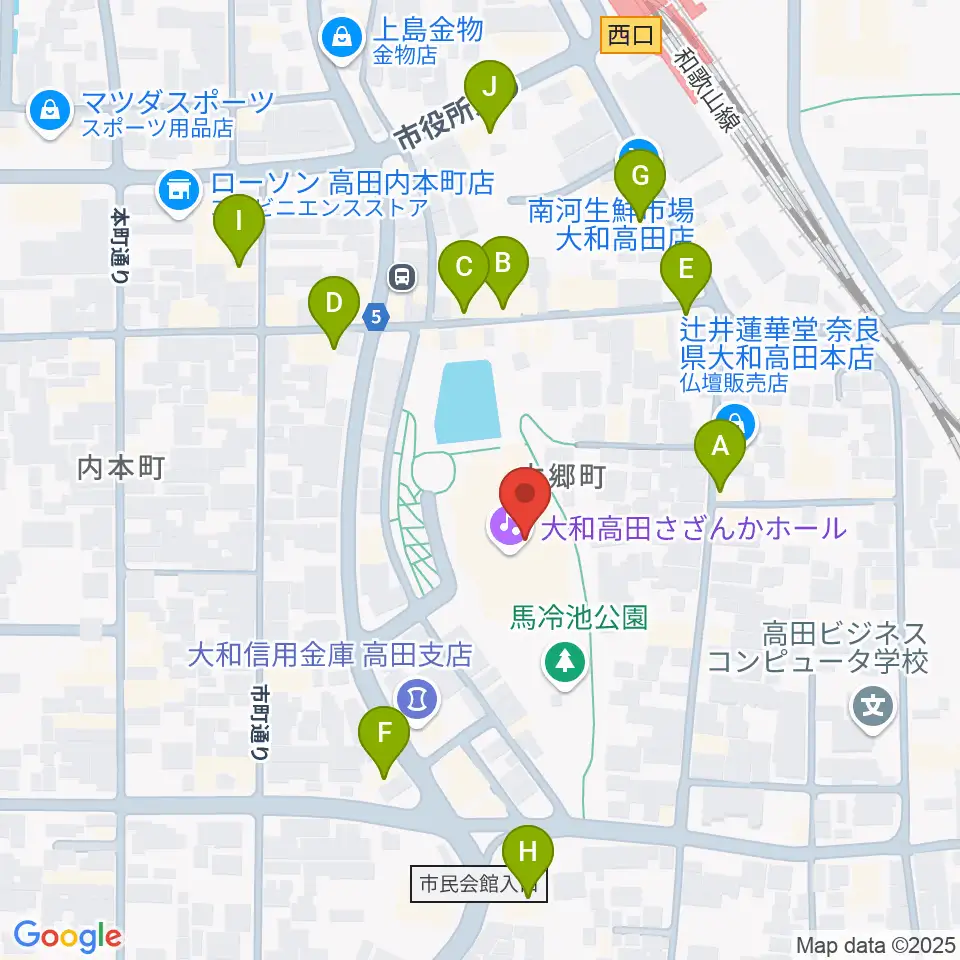 大和高田さざんかホール周辺のファミレス・ファーストフード一覧地図