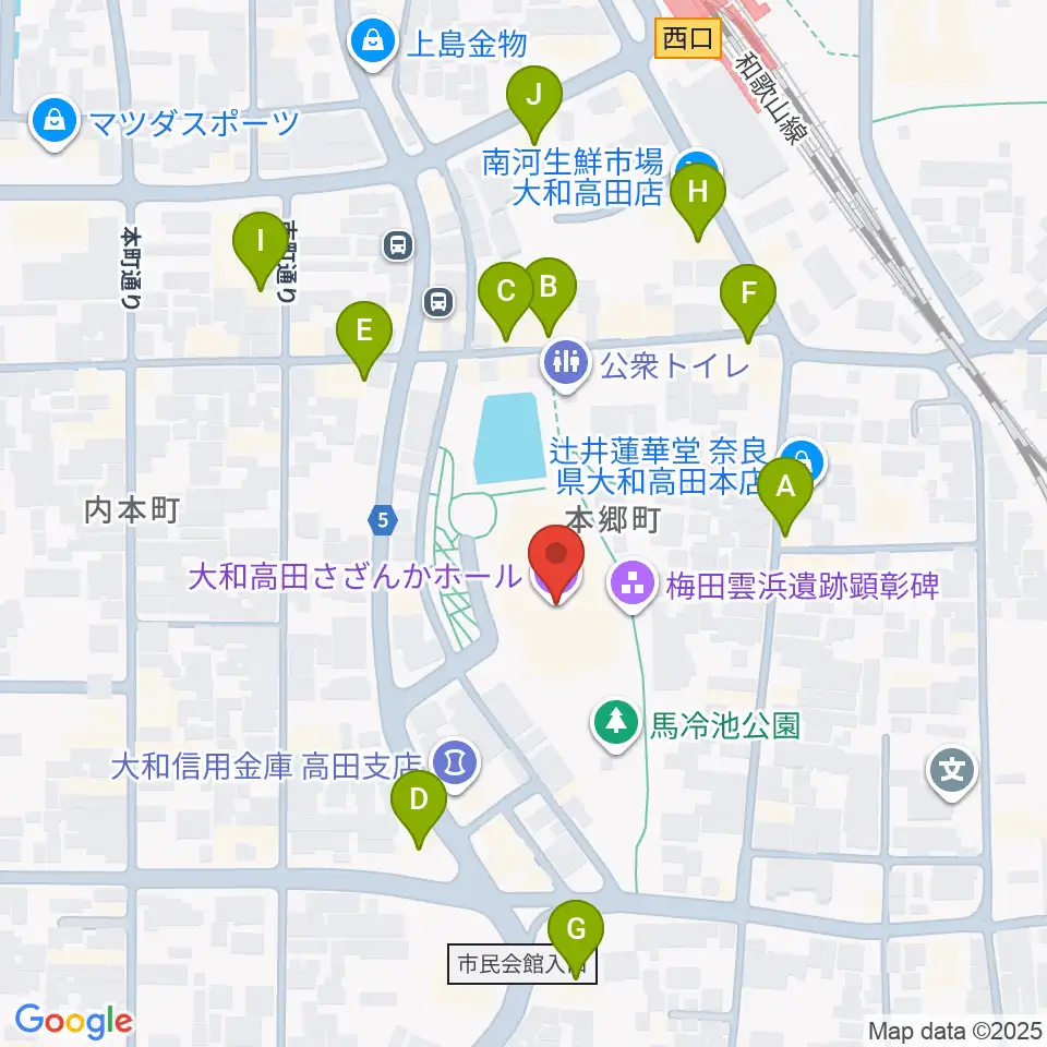 大和高田さざんかホール周辺のファミレス・ファーストフード一覧地図
