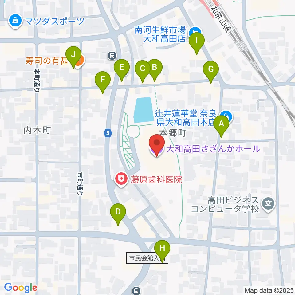 大和高田さざんかホール周辺のファミレス・ファーストフード一覧地図