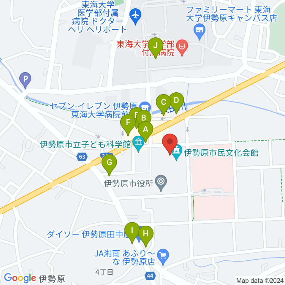 伊勢原市民文化会館周辺のファミレス・ファーストフード一覧地図