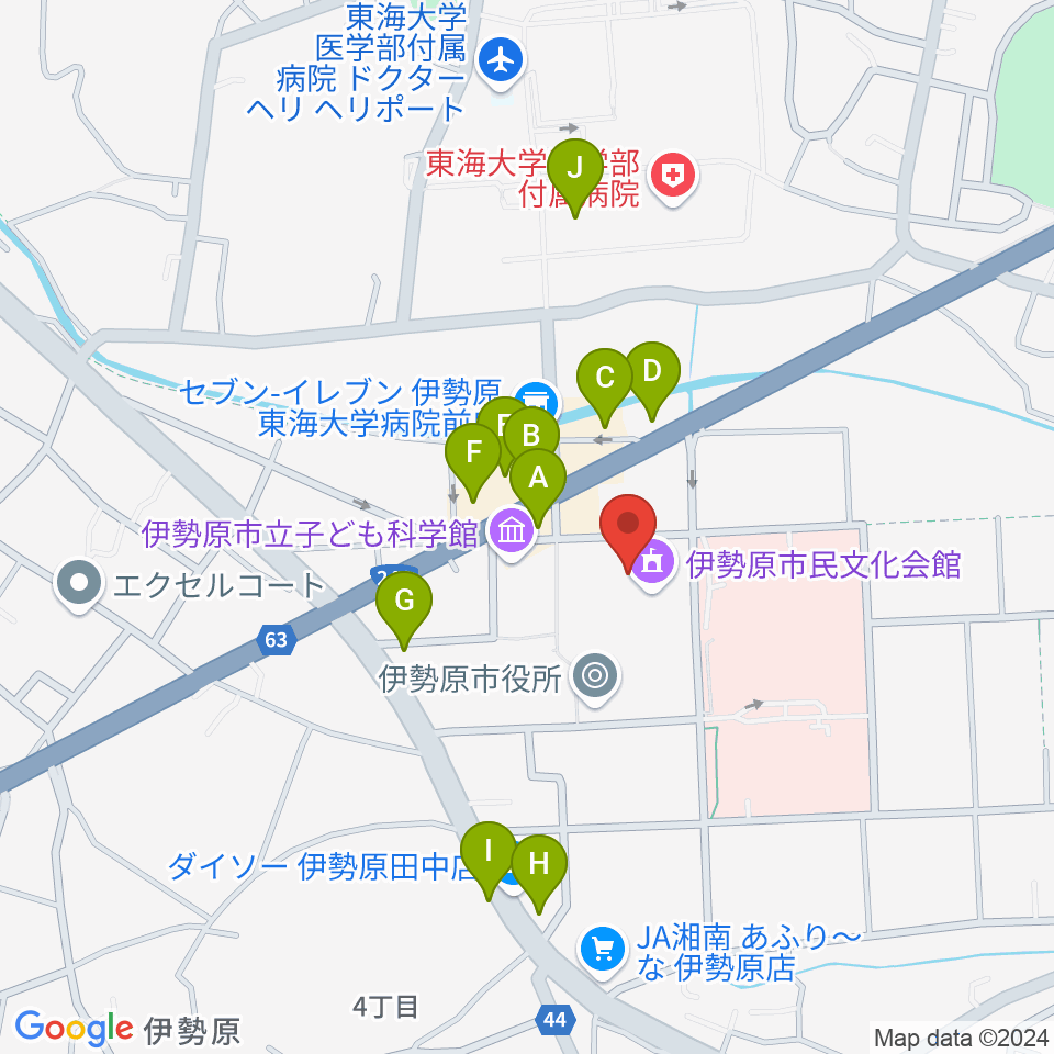 伊勢原市民文化会館周辺のファミレス・ファーストフード一覧地図