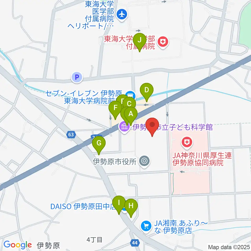 伊勢原市民文化会館周辺のファミレス・ファーストフード一覧地図