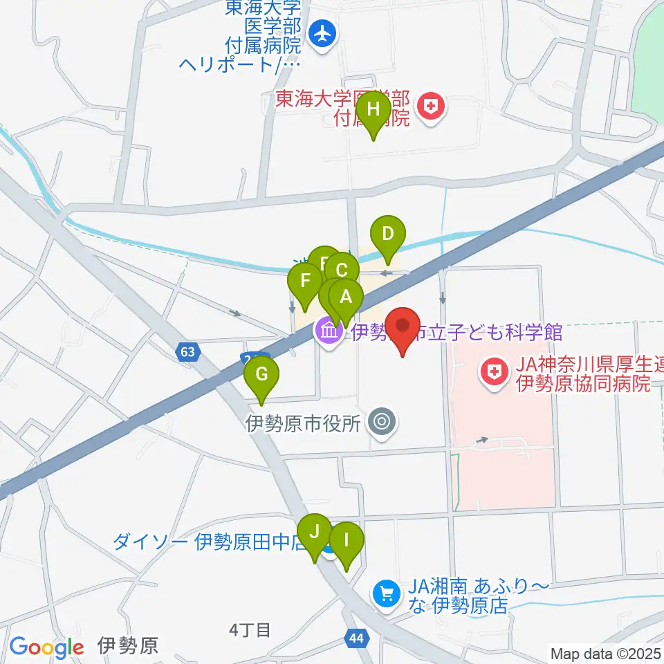 伊勢原市民文化会館周辺のファミレス・ファーストフード一覧地図
