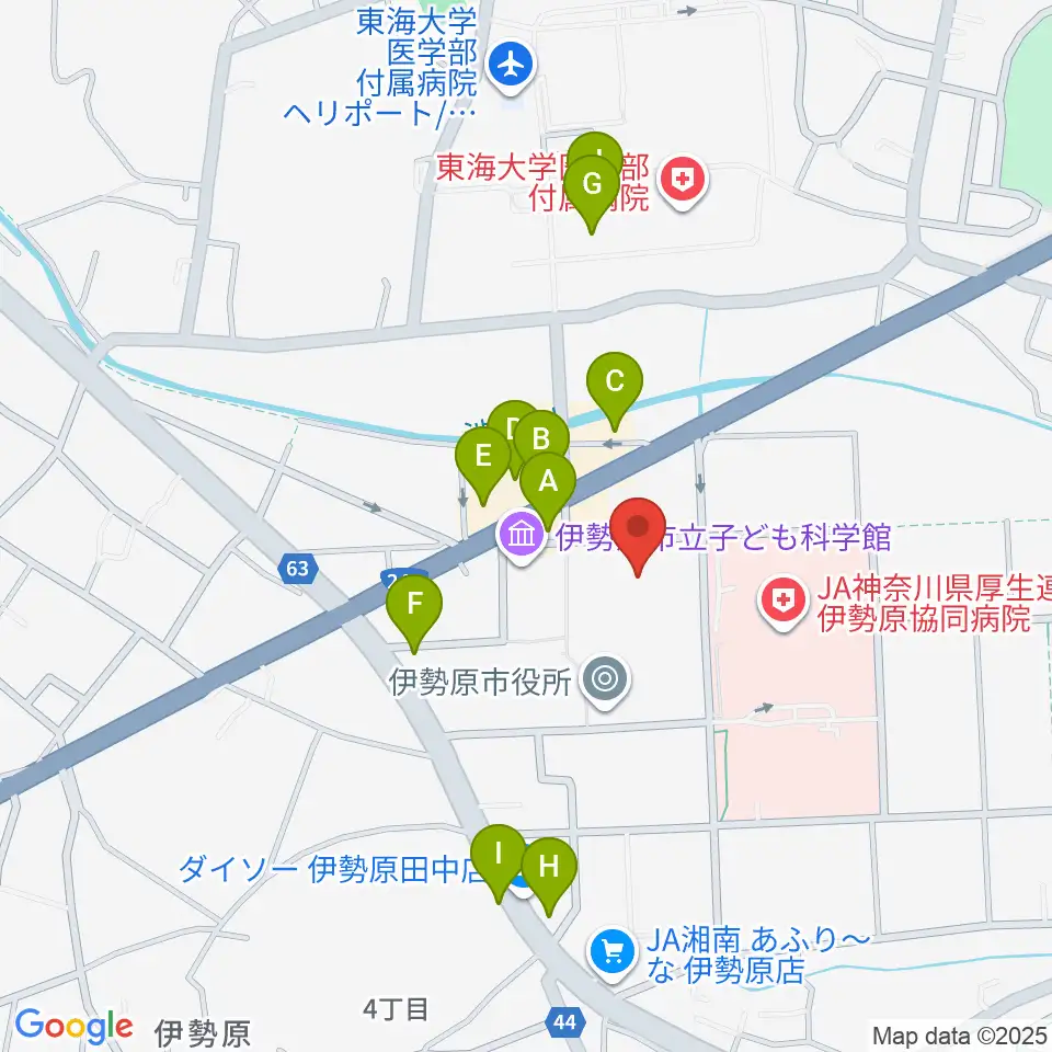 伊勢原市民文化会館周辺のファミレス・ファーストフード一覧地図