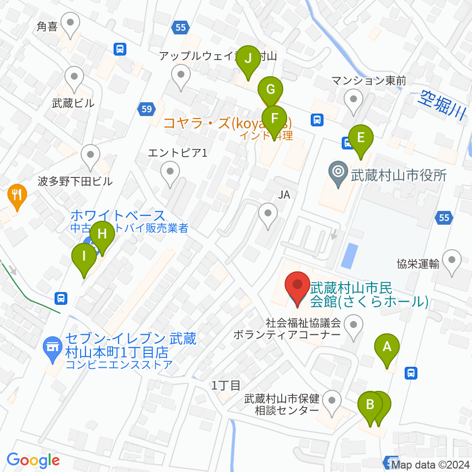 武蔵村山市民会館 さくらホール周辺のファミレス・ファーストフード一覧地図