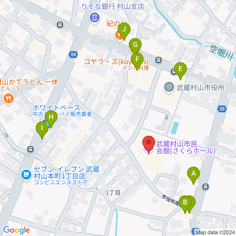 武蔵村山市民会館 さくらホール周辺のファミレス・ファーストフード一覧地図