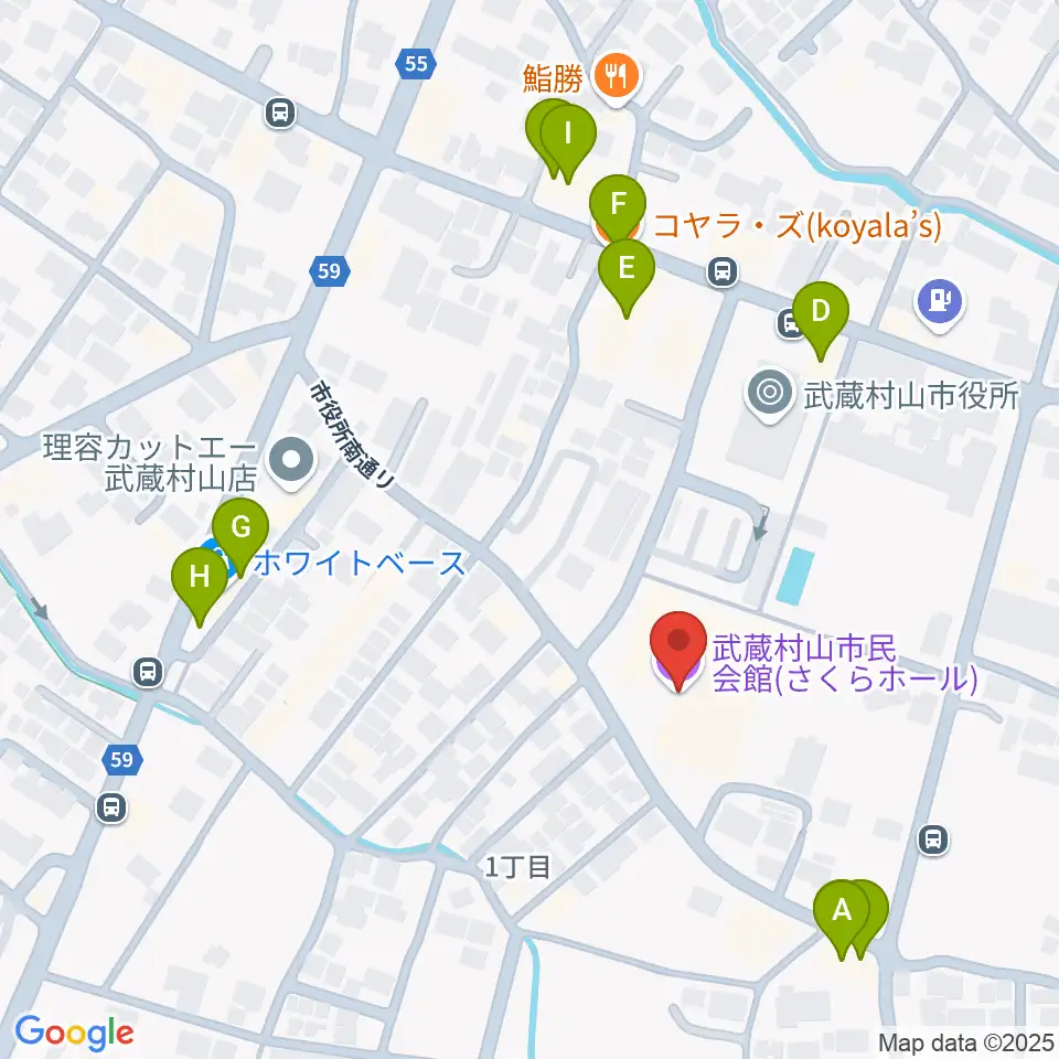 武蔵村山市民会館 さくらホール周辺のファミレス・ファーストフード一覧地図