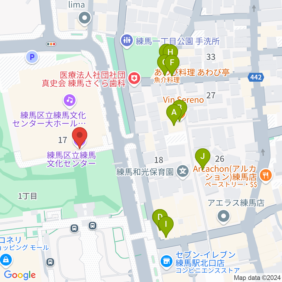 練馬文化センター周辺のファミレス・ファーストフード一覧地図