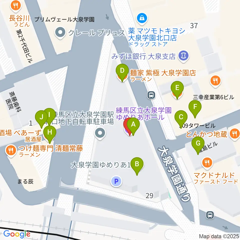 大泉学園ゆめりあホール周辺のファミレス・ファーストフード一覧地図
