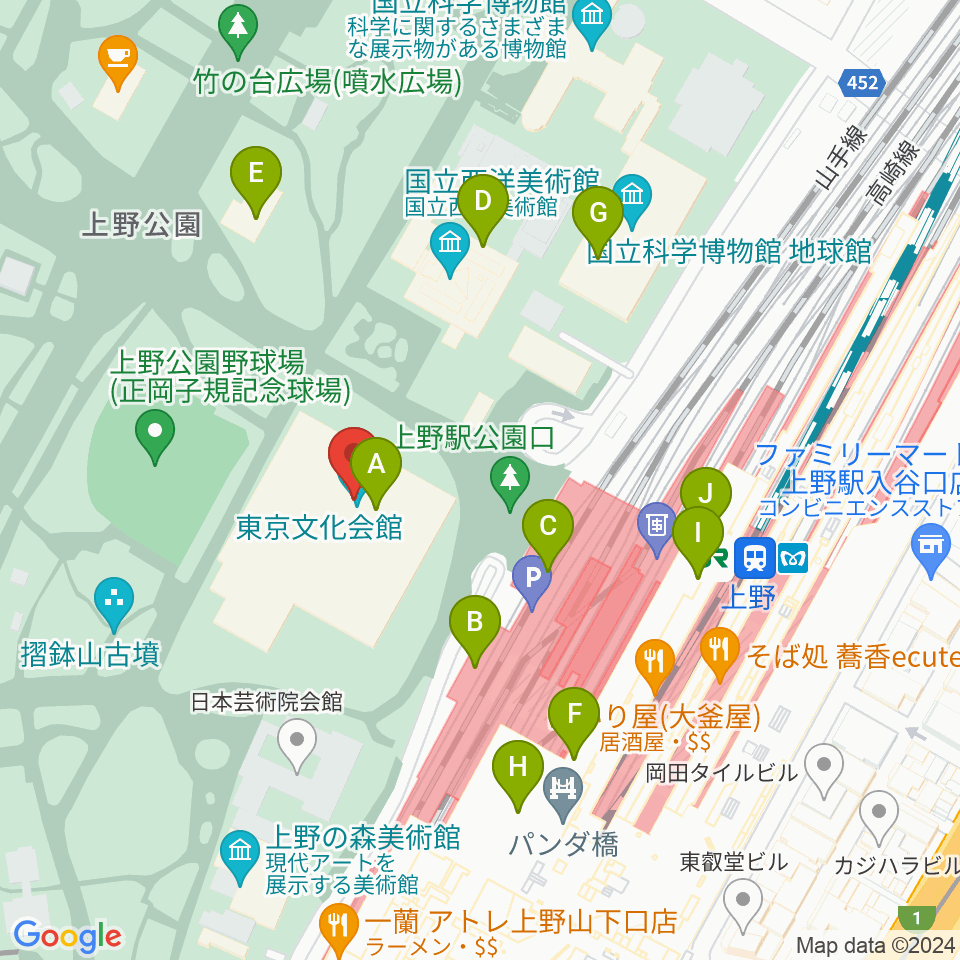 東京文化会館周辺のファミレス・ファーストフード一覧地図