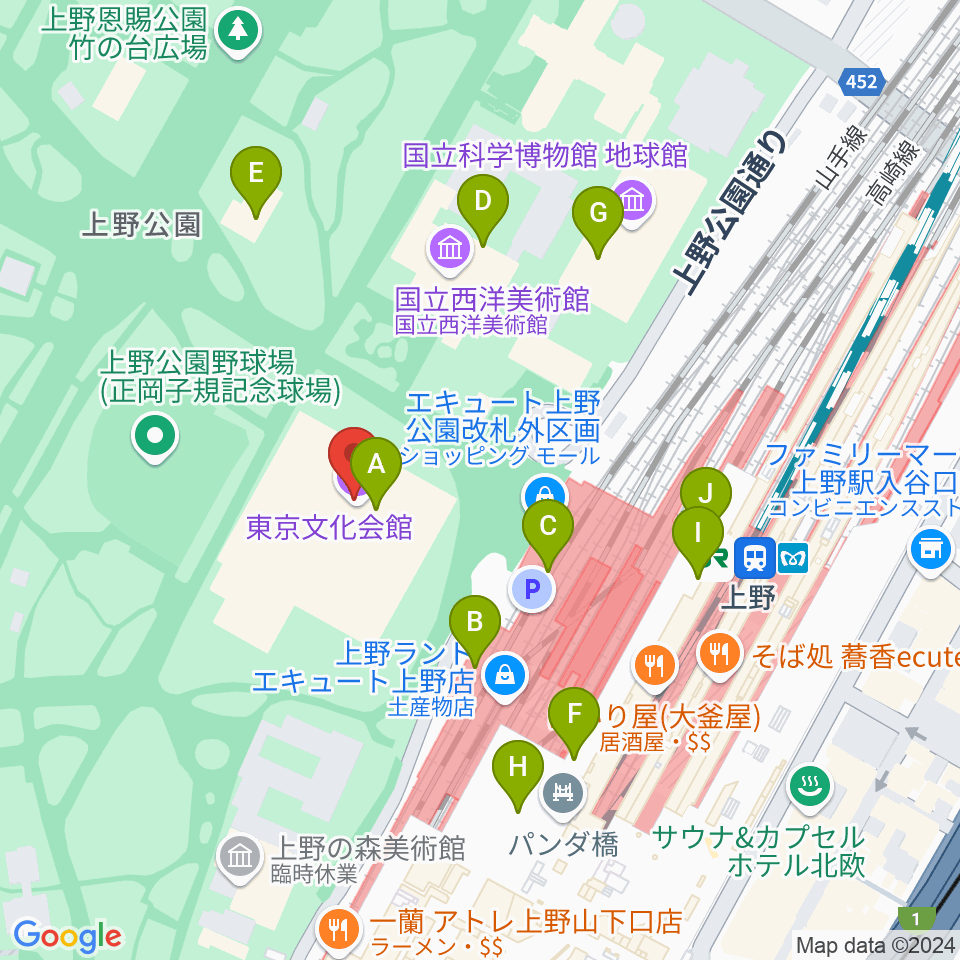 東京文化会館周辺のファミレス・ファーストフード一覧地図