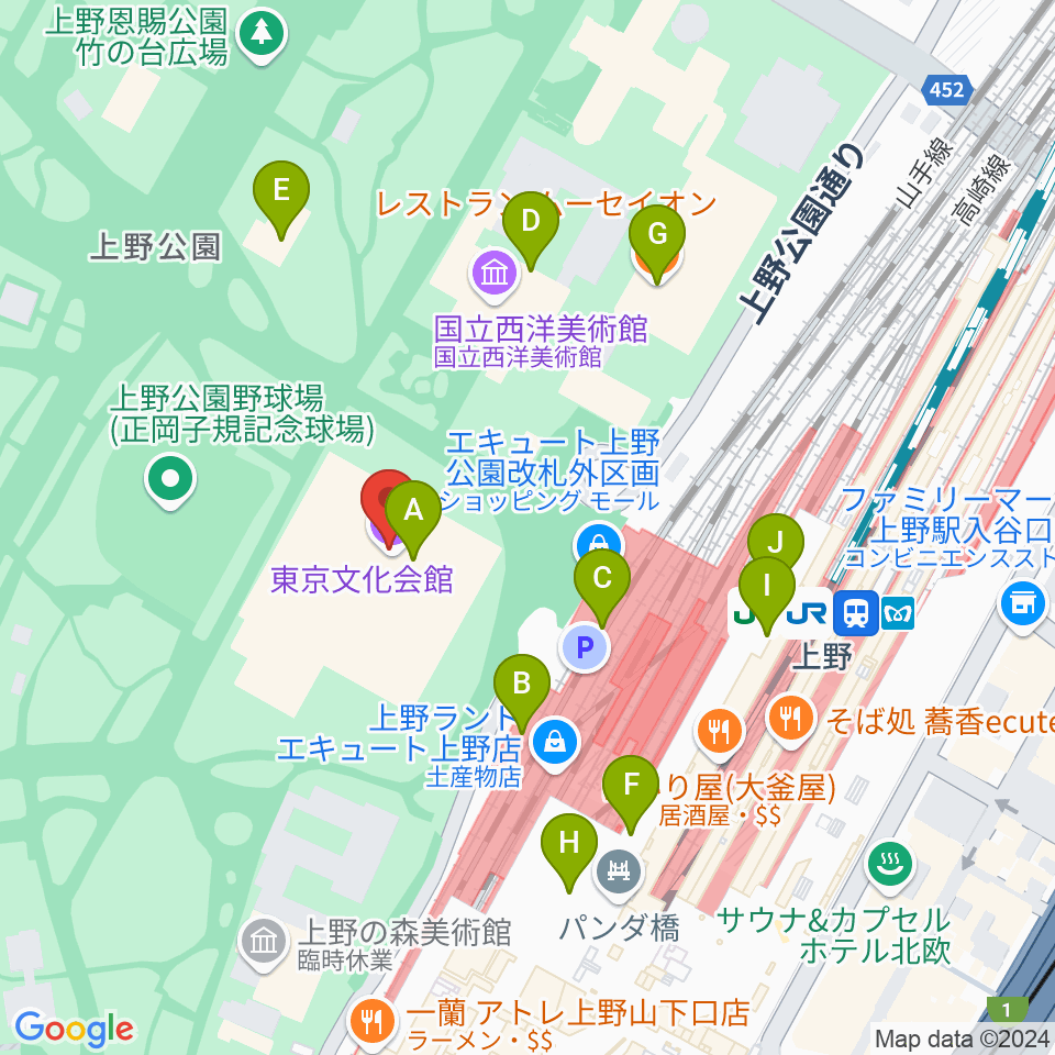 東京文化会館周辺のファミレス・ファーストフード一覧地図