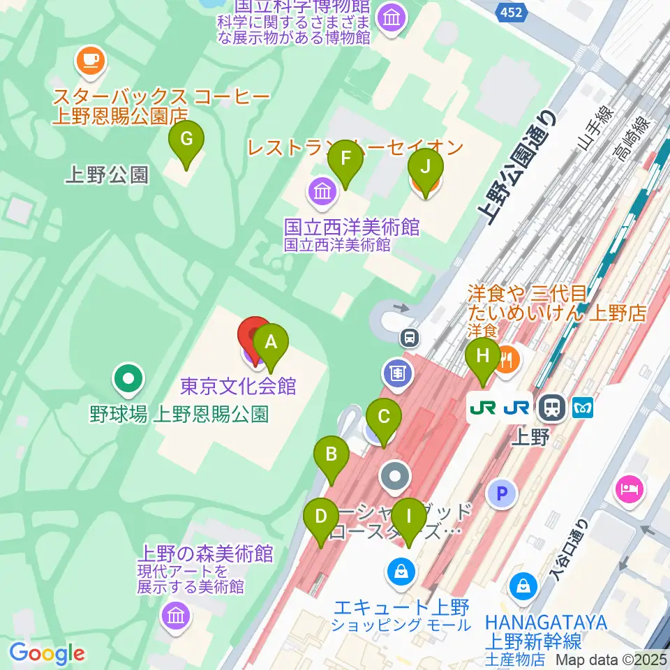 東京文化会館周辺のファミレス・ファーストフード一覧地図