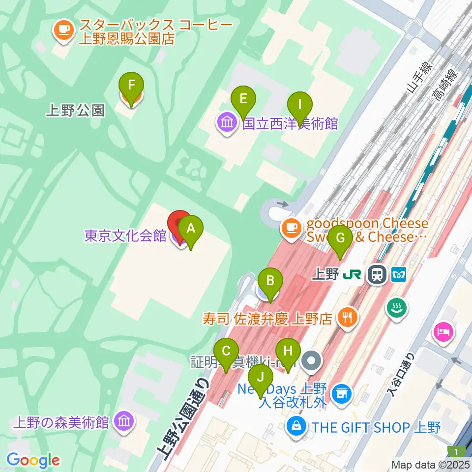 東京文化会館周辺のファミレス・ファーストフード一覧地図