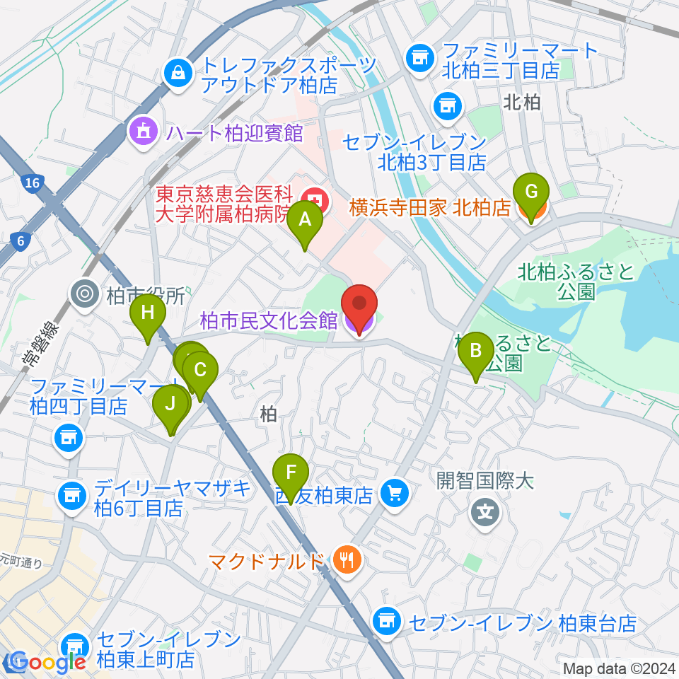 柏市民文化会館周辺のファミレス・ファーストフード一覧地図