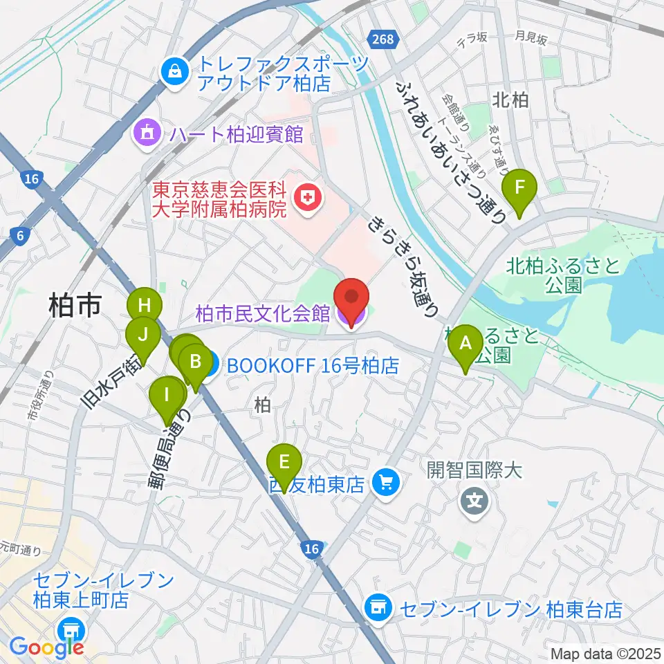 柏市民文化会館周辺のファミレス・ファーストフード一覧地図