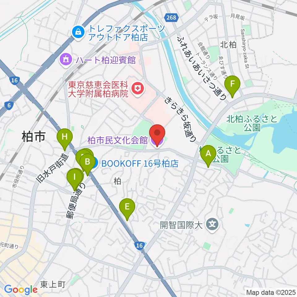 柏市民文化会館周辺のファミレス・ファーストフード一覧地図