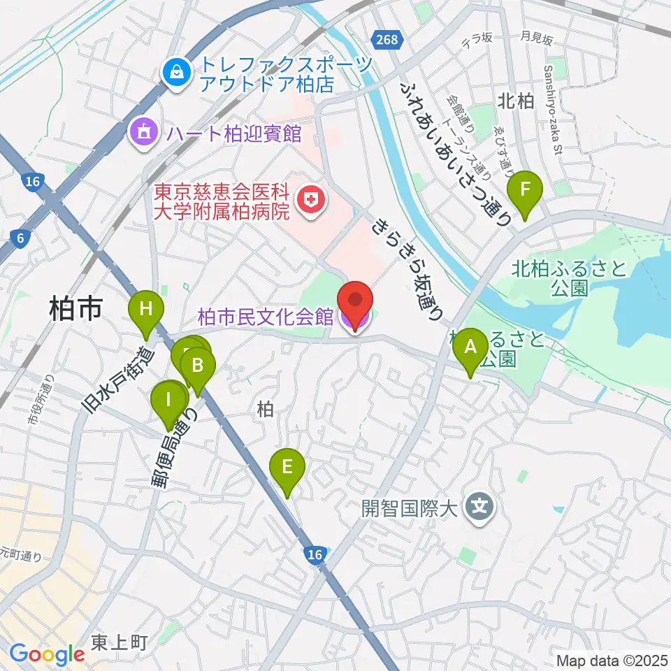 柏市民文化会館周辺のファミレス・ファーストフード一覧地図