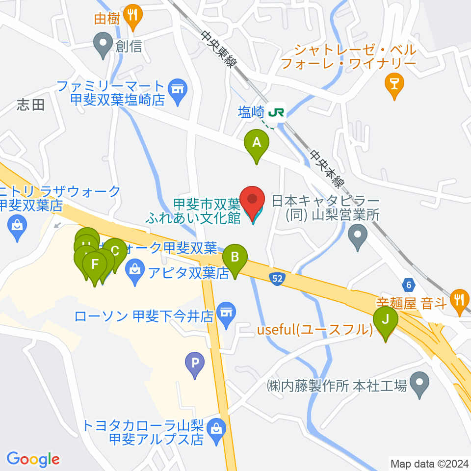 甲斐市双葉ふれあい文化館周辺のファミレス・ファーストフード一覧地図