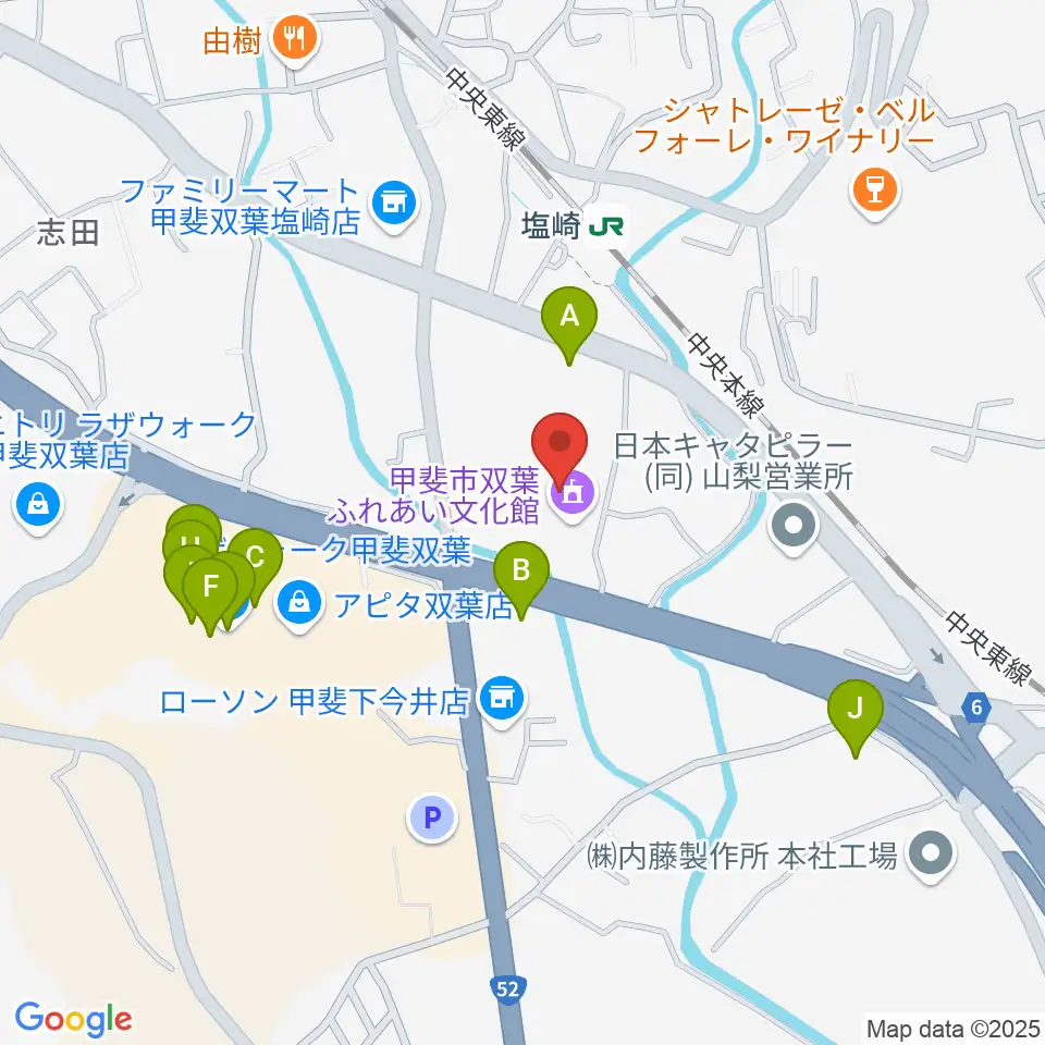 甲斐市双葉ふれあい文化館周辺のファミレス・ファーストフード一覧地図