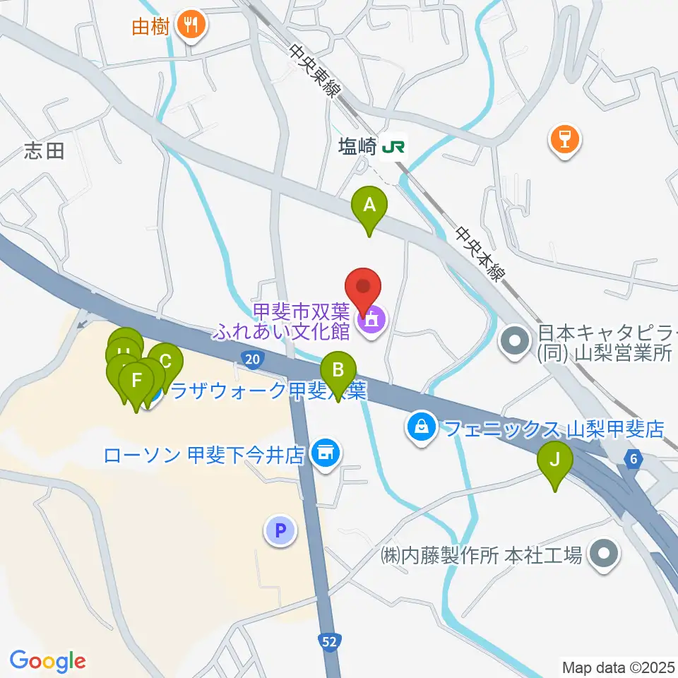甲斐市双葉ふれあい文化館周辺のファミレス・ファーストフード一覧地図